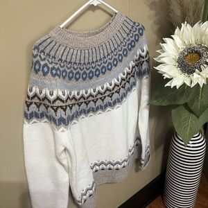 Cozy Nordic Pattern Sweater - White, Blue, and Brown